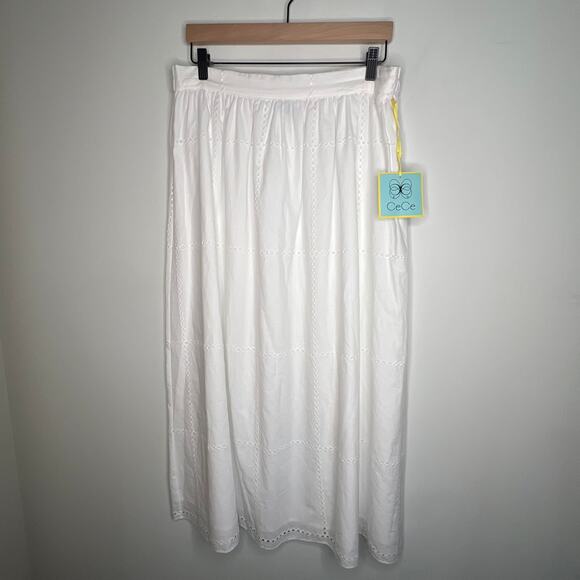 Cece White Poplin Eyelet Windowpane Maxi Skirt Size Large - Picture 2 of 7